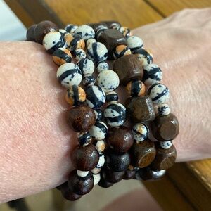 Orange White Black Glass and Wooden Beaded Stretch bracelet set